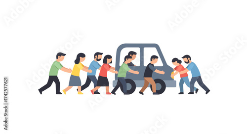 A group of people collaboratively pushing a broken down vehicle