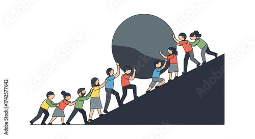A group of people collectively pushing a large, heavy boulder up a hill