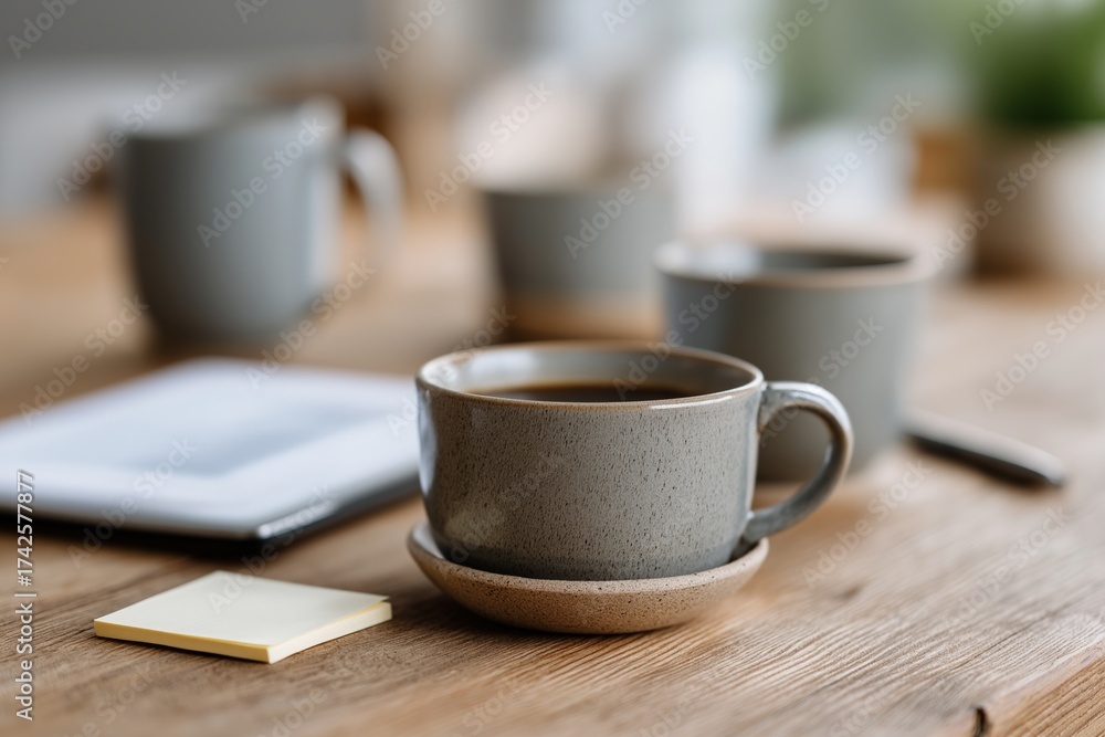 Obraz premium Cozy morning coffee scene with ceramic mug on wooden table