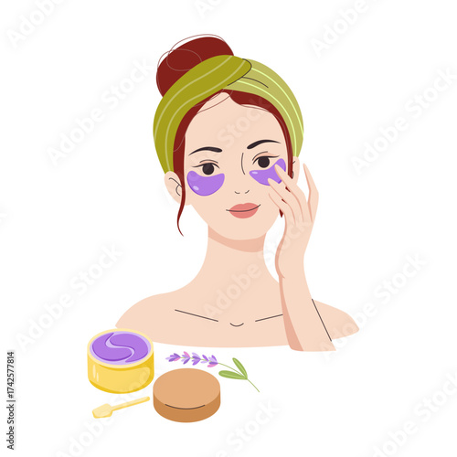 Woman with green headband and hyaluronic acid eye patches. Lavender skin care, rejuvenation and beauty. Illustration for spa salon, cosmetic brands, posters, flyers, prints, packaging