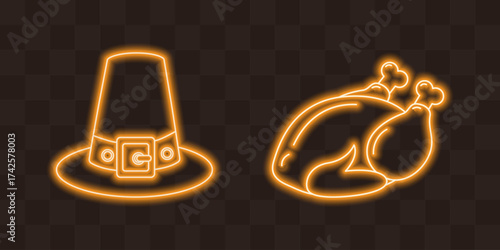 Neon Glowing Pilgrim Hat and Roast turkey Sticker Icon Thanksgiving Greetings design element Set