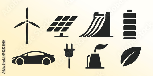 A collection of sustainable energy and environmental concept silhouettes.