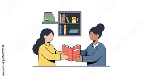 A person receiving a book from a librarian in a community center
