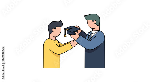 A person receiving a graduation cap from an instructor
