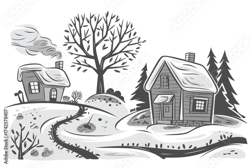 Charming hand-drawn winter village scene featuring cozy snow-covered houses nestled among bare trees and winding paths, evoking a peaceful seasonal atmosphere and rustic tranquility