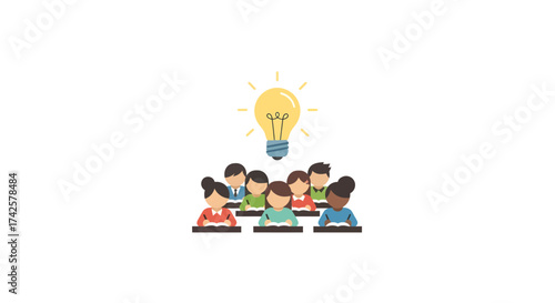 A simple, lit lightbulb shining brightly above a group of students studying