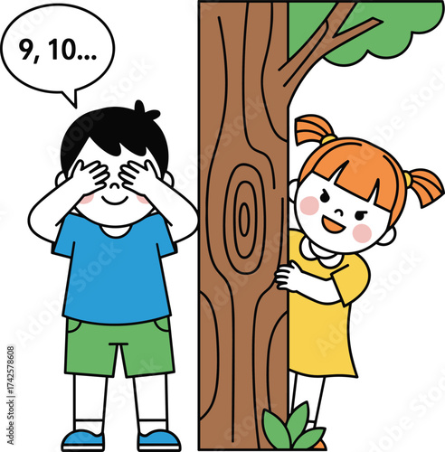Children Playing Hide and Seek Outdoors Under Tree, Fun Childhood Game Scene with Boy Counting and Girl Hiding in Summer Nature