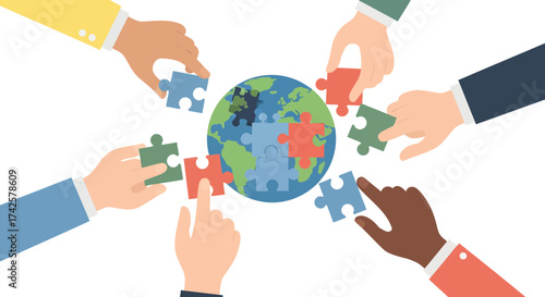 Diverse hands assembling pieces of a puzzle representing a globe