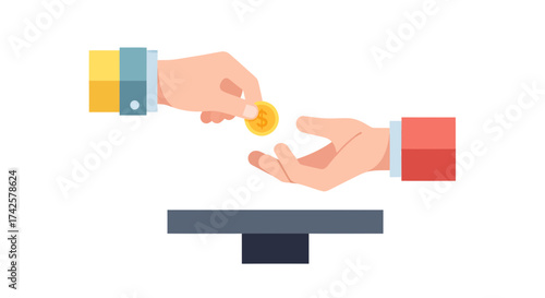 Two hands exchanging a single coin over a small table