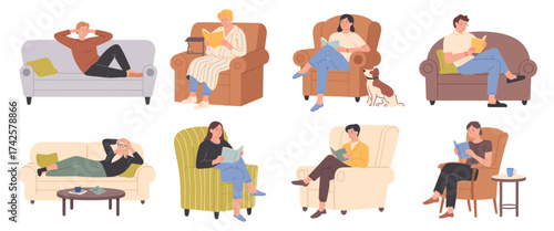 Reading at Home Set. People Relaxing with Books on Sofa, Armchair, and Bed. Enjoying Fiction, Novels, and Calm Leisure in Cozy Interiors. Flat Vector Illustrations.