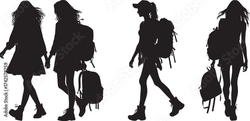 Hiker girl with backpack and walking silhouette set in different poses. girl with backpack vector illustration.