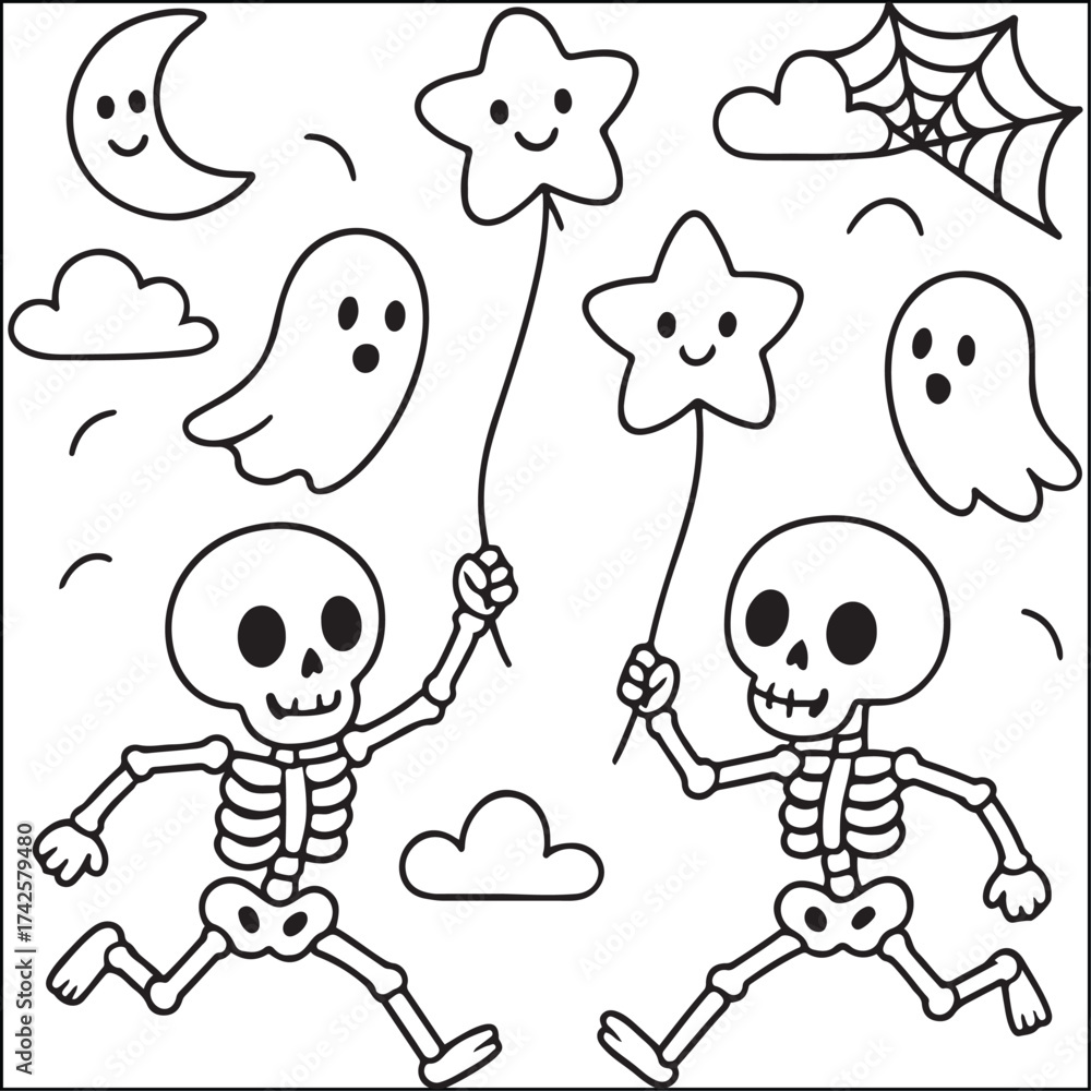 Fototapeta premium Halloween little spooky black and white coloring pages for adults.