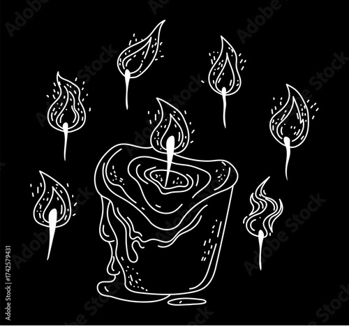 Vector doodle line art style candle with different flame shapes isolated set. Vector doodle line style design element