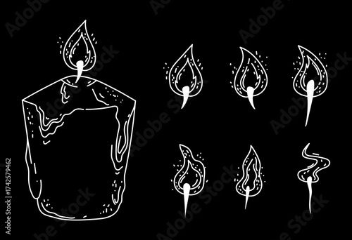 Vector doodle line art style candle with different flame shapes isolated set. Vector doodle line style design element
