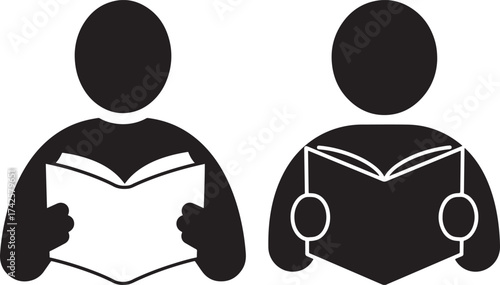 Two figures reading books silhouette