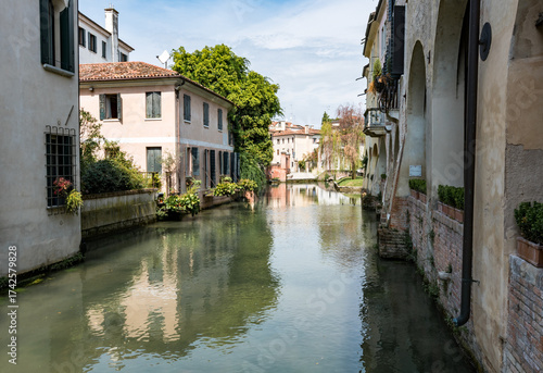 Peaceful canal view in Treviso, Italy, with historic Venetian-style houses, arched facades, reflections on calm water, and plants on balconies.