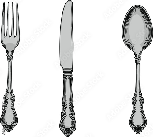 Vintage cutlery illustration, fork knife and spoon vector, antique silverware design, elegant kitchen utensil artwork, classic dining tool set drawing