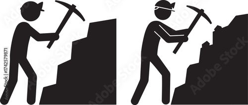 Two miners digging rocks silhouette