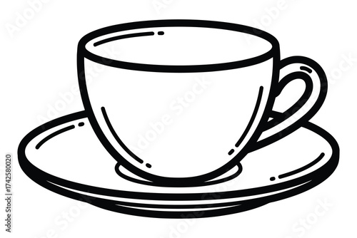 Vector art of a simple line drawing of a teacup and saucer, perfect for minimalist designs