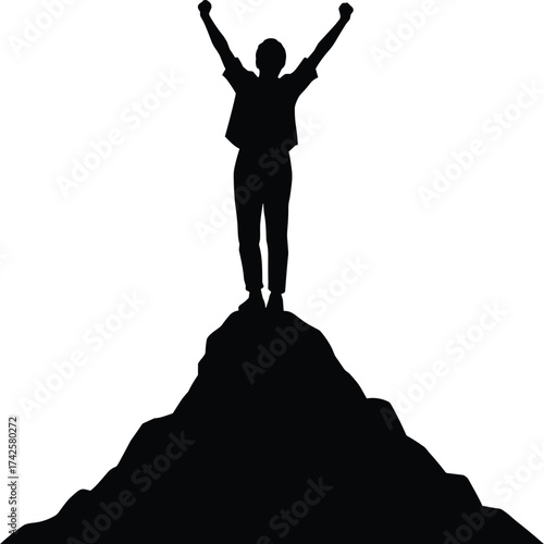 Silhouette of man on mountain peak, success achievement concept, victorious person raising hands, motivation inspiration vector, leadership and goal accomplishment design
