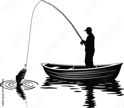 Fisherman in boat catching fish, lake fishing silhouette, outdoor recreation vector, angler with rod illustration, water reflection design, sport fishing artwork