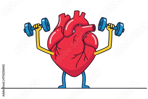 Vector art of cartoon heart lifting dumbbells, symbolizing cardiovascular health and fitness