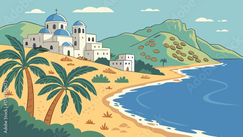 Tropical beach scene with palm trees and a coastal village, showcasing the beauty of a seaside destination with clear blue waters and sunny skies