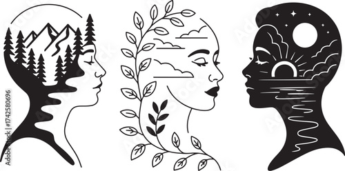 Set Of Woman Head With Different Nature Silhouette Portrait Fashion Beauty Care