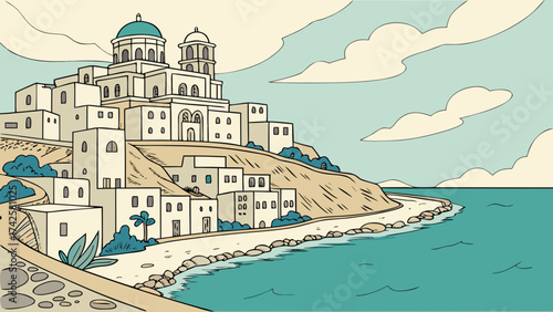 Charming santorini village illustration showcasing the iconic whitewashed buildings, bluedomed churches, and the stunning aegean sea, evoking greek island allure