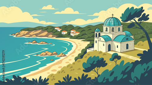 A serene coastal landscape featuring a traditional greek orthodox church with a blue dome, nestled beside a sandy beach and turquoise sea in greece