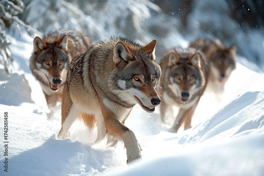 Fototapeta premium pack of prehistoric wolves tracking prey in snow