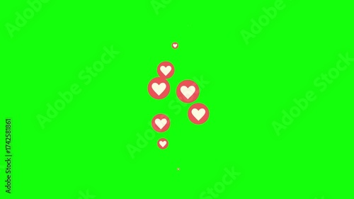 Floating like bubbles rising from bottom to top, heart-shaped like icons moving upward in smooth motion on green screen background, symbol of love and social media reactions.