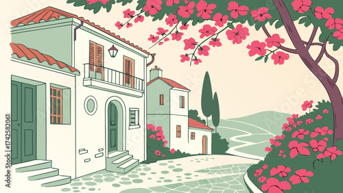 Charming mediterranean village street scene with blooming bougainvillea, showcasing traditional architecture and a serene atmosphere, perfect for travel and culture themes