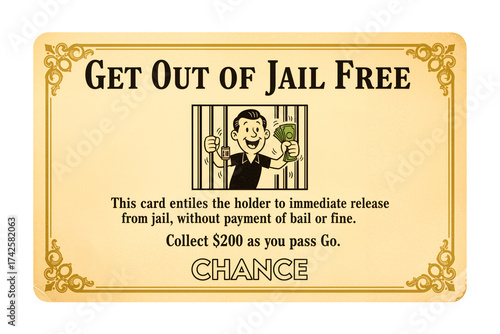 Classic table game inspired Get Out of Jail Free Chance Card with Smiling Cartoon Man, and Money on Isolated White Background, Freedom, Opportunity, and Financial Escape