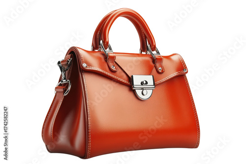 Elegant orange leather handbag with silver hardware for stylish women on the go accessorizing outfits on transparent background