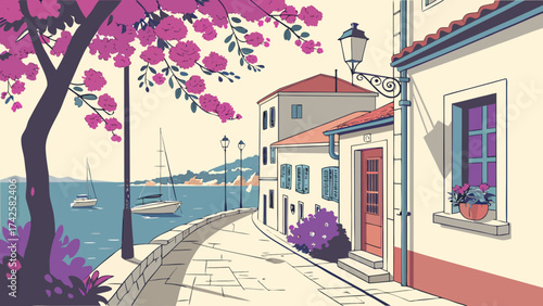 Picturesque coastal town street scene with blooming trees, sailboats on the water, and charming architecture, creating a peaceful and inviting atmosphere for travel
