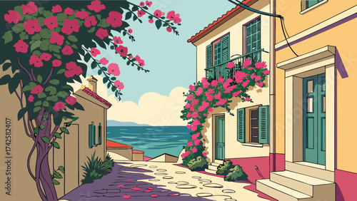 Charming coastal street scene with bougainvillea cascading over buildings, capturing the essence of a mediterranean village with its vibrant colors and serene atmosphere