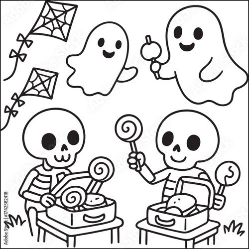 Halloween little spooky black and white coloring pages
for adults. 