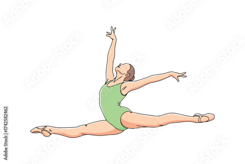 Vector art of a ballerina in a green leotard performs a split, , with arms raised gracefully