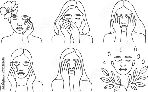 Woman Crying Covering Face Thin Line Art Depression Sadness Concept