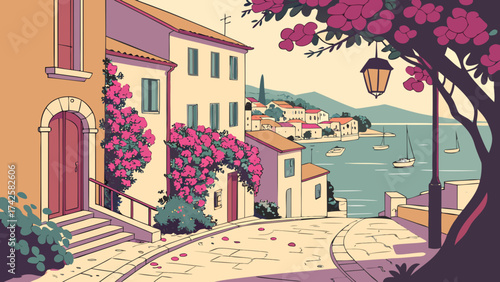 Picturesque coastal townscape featuring bougainvilleadraped buildings overlooking the sea, evoking the charm of a mediterranean getaway with its colorful architecture
