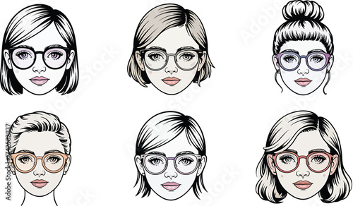 Faces of women with glasses on transparent background for design resource 95 chars