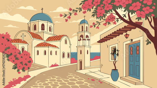 Scenic mediterranean village with a church, bougainvillea, and traditional architecture, capturing the essence of a peaceful summer day in a coastal town