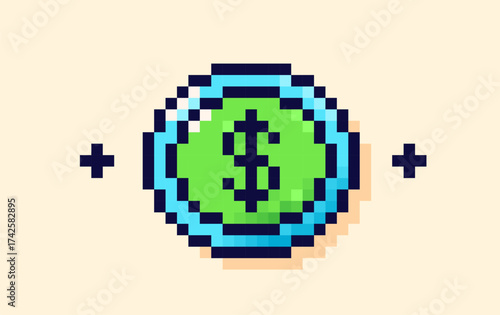Blue and green pixel art coin.