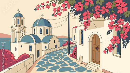 Iconic greek island scene with whitewashed buildings, bluedomed churches, and vibrant flowers, capturing the beauty of a classic mediterranean landscape