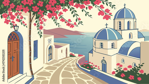 Picturesque street in santorini, greece, with whitewashed buildings, bluedomed churches, and vibrant bougainvillea flowers, creating a serene and idyllic scene