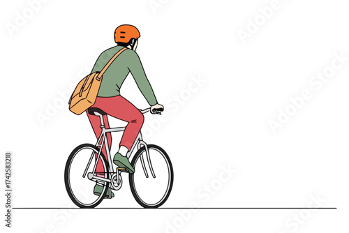 Illustration of a man riding a bicycle with a bag over his shoulder