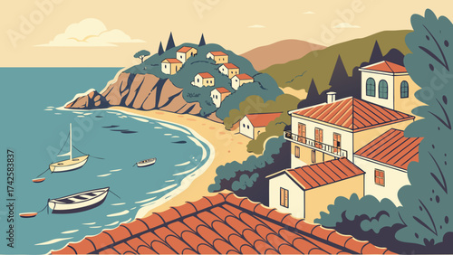 A picturesque coastal village nestled on a hillside, with boats dotting the turquoise sea and charming houses with redtiled roofs, creating a serene scene