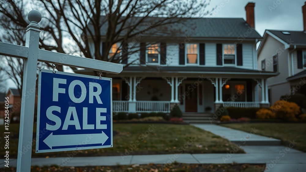 Naklejka premium Traditional two-story house for sale with front porch and well-maintained lawn, illuminated against a muted evening sky.
