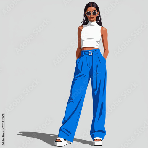 Stylish confident woman illustration: white crop top, bright blue wide-leg pants, sunglasses. Excellent for fashion websites, social media, advertisem